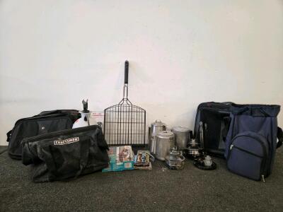 Multi-Brand Lot: Craftsman Tool Bag, Camping Cookware, Grill Tools, Arrow Staples, QFX Remote, Magic Mesh