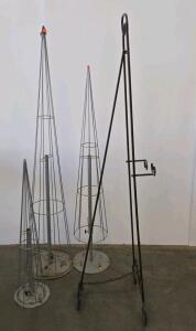 Set of 3 Wire Cone Display Racks & Ornate Metal Easel &ndash; Steel, 72/54/36 in Racks, 70 in Easel
