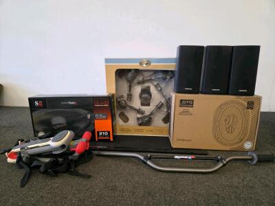Powerbass Speakers- 2 sets, Allen Sports, Hampton Bay Light Fixtures, Onkyo 3 Speakers (All untested)