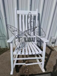 White Wooden Rocking Chair with Slat-Back and Armrests, Requires Repair, wire butterfly wall mount shelf