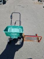 GreenThumb Push Broadcast Spreader, 50 lb Capacity, Poly Hopper, with Rusted Steel Tractor Step Attachment