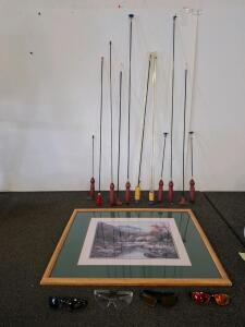 Lot of 11 Dewey & Tipton Gun Cleaning Rods (.17-.30 cal), 4 Pairs Shooting/Safety Glasses, nature wall art with wood frame