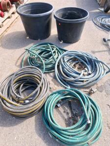 2 Large Heavy Duty Nursery Pots (25 gal) & 4 Garden Hoses Set &ndash; 50 ft Length, Mixed Colors