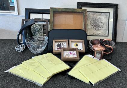 Large Mixed Decor Lot: Framed Art, Falling Star Crystal Bowl, JM Steamer (Tested and Powers On), Lantern (Requires Rewiring Unable to Test), Frames, and More
