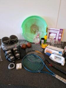 Salomon Alpine Ski Boots, Prince & Spalding Tennis Rackets, Sunbeam 3966 Iron,* powered on) sled and Assorted Household Lot