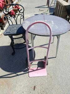 Steel Hand Truck Dolly, 600 lb Capacity, 42 in Height, Loop Handle, 8 in Wheels, small table, bar stool