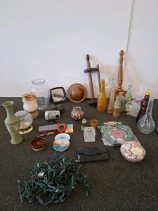 Assorted Vintage Glass Bottles, Decor, HP Digital Camera, Globe & Holiday Collectibles Lot
