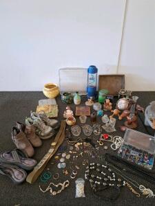 Mixed Lot: Salomon Shoes, Earth Spirit Sandals, Costume Jewelry, Decor, Collectibles, 60+ Items