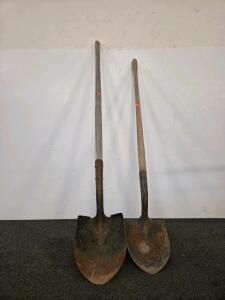Two Long-Handled Round Point Digging Shovels, Wood Handle, Steel Blade, 57" Overall Length