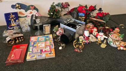 Large Mixed Holiday Decor & Book Lot: Swedish Angel Chimes, Pooh Books, Ornaments, Glass Shades