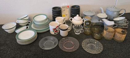 Large Mixed Vintage Dinnerware & Drinkware Lot &ndash; Plates, Mugs, Gray Teapot Set, Collector Glasses