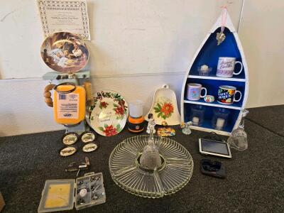 Mixed Household Collectibles Lot: Decor Plates, Glass Server, Boat Shelf, Tablet, Jewelry, Mugs