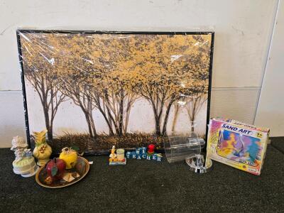 Mixed Decor Lot: Norman Rockwell Plate, Wall Art, Chrome Lamp, Figurines, Sand Art Kit, Teacher Decor