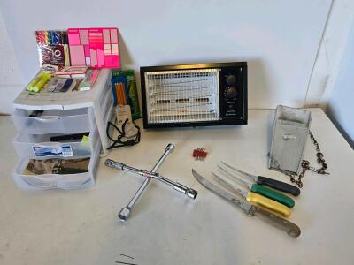 Mixed Lot: Comfort Zone CZQTV5M Heater, Office Supplies, Knives, Lug Wrench, Lockbox