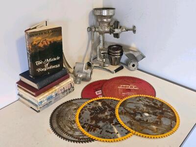 LDS Books Lot, 12" Diablo/DeWalt Saw Blades, Cast-Aluminum Manual Meat Grinder w/ Attachments