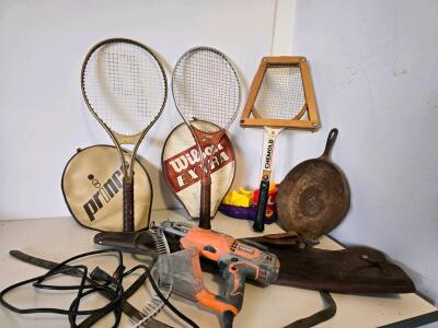 Vintage Prince, Wilson Extra & Chemold Tennis Racquets, Aluminum & Wood, w/Covers Included, Ridgid Screw Driver Gun