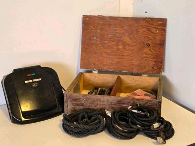George Foreman Grill, Wooden Toolbox with Tools, Lawn Tractor Belt, Ropes, Wire Harness Lot