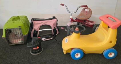 Radio Flyer Tricycle, Little Tikes Style Ride-On Toy Car, Craftsman 6" Buffer (plugged in and functioning), Pet Carriers