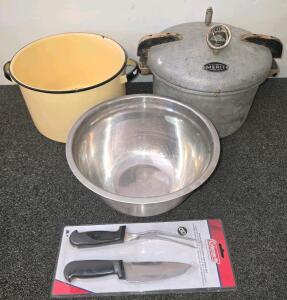 Vintage Kook-Kwick Merit Pressure Cooker No. 7-16, 16 Qt Aluminum, Gauge, USA-Made, One large pot, Large Bowl, And knife set in package
