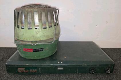 Coleman Two-Burner Propane Stove & 3000-5000 BTU Catalytic Heater, Vintage Camping Gear (can't properly test)