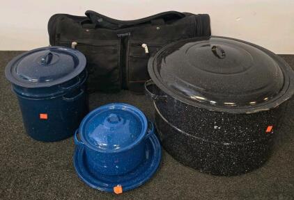 Vintage Enamelware Cookware Set Black & Blue, 9 Pieces: Stock Pots, Kettle, Colander, Cups & Plates, Large Duffel Bag