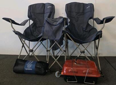 Camping Set: 2 MacSports Folding Chairs, Stansport Self-Inflating Seat, Portable Charcoal Grill