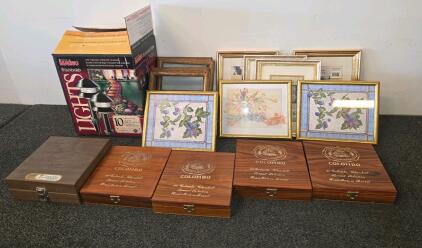 Malibu Landscape Light Set, 5 Colombo Wooden Cigar Boxes, Framed Art/Embroidery Frames, Picture frames