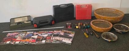 Mixed Lot: Soldering and Desoldering Tool Set, Assorted Tools, 4 Planter Bowls, Street Trucks Magazines And Coleman Classic 1-Burner Butane Camping Stove with Carry Case, 7,650 BTU/hr (Unable to test) & 2 Black & Decker Drills (Tested both)
