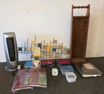 Mixed Lot: Holmes Tower Heater(plugged in and functioning), Wooden Rack, Wall Art, Car Tail Lights, Clock Lot