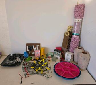 Mixed Lot: Motorola Radios, Tire Chains, Pink Rug, Home Decor, Kitchenware, Partyware