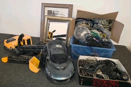 Mixed Lot: CAT Toy Excavator, Ferrari-Style RC Car, 2 Framed Prints & Assorted Cable Bundle