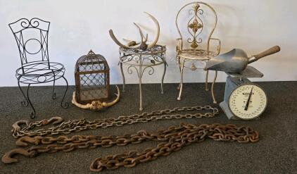 Mixed Vintage Garden Iron Chairs, Hanson Model 2000 Utility Scale, Industrial Chains, Antlers Lot