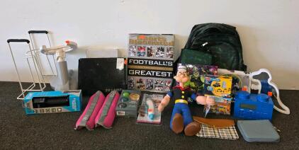 Large Mixed Lot: Books, Fitness Gear, Electronics, Toys, Bags, Sports Illustrated, Popeye Plush