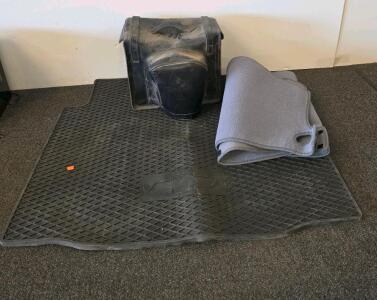 Vintage Black Leather Motorcycle Saddlebag, Universal Fit, Strap & Buckle Mount, Heavy Wear, Chevy Car Mat, Grey Car Mat
