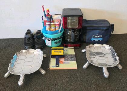 Mixed Lot: Coffee Maker (plugged in and functioning) Lowe&rsquo;s Cooler, 2 Turtle Trays, Orthopedic Shoes, Gifts & Home Essentials