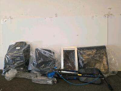 Mixed Lot, Dog Door with hardware. Four angle table legs, and black and blue Yvolution Y Fliker Carver C3 three-wheeled Smartliner Custom-Fit 4-Piece Black Floor Liners with Raised Edges and Molded Grooves (one peice is missing)