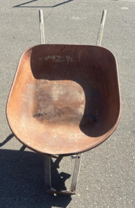 Single-Wheel Steel Tray Wheelbarrow with Wooden Handles, 6 cu ft Capacity, Missing Wheel