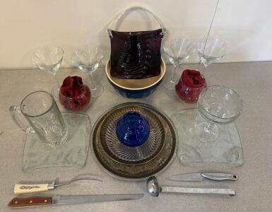 CHEFS Stoneware Bowl, Hand Blown Glass Purse, Martini Glasses, Tableware & Utensil Lot