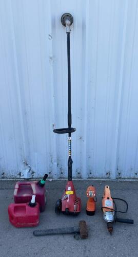 Homelite Gas String Trimmer, Chicago Electric 1/2" Drill, Blitz Gas Cans, B&D Work Light, Tools