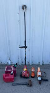 Homelite Gas String Trimmer, Chicago Electric 1/2" Drill, Blitz Gas Cans, B&D Work Light, Tools