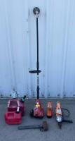 Homelite Gas String Trimmer, Chicago Electric 1/2" Drill, Blitz Gas Cans, B&D Work Light, Tools