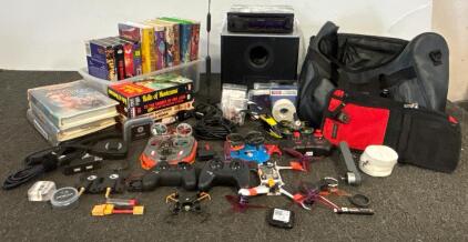 Large Mixed Lot RC Drones, Kenwood Car Stereo, Subwoofer, Vintage VHS Tapes, Storage Bags *clear bin not included*