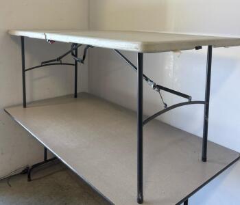 6 Foot Folding Plastic Table, White, Carry Handle, Center Locking Mechanism, Metal Frame