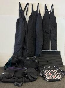 Bulk Lot: 4 Snow Bibs (Sportina, Women&rsquo;s L/M), Pike Sport Duffel, Lunchbox, Backpack, 3 Floor Mats