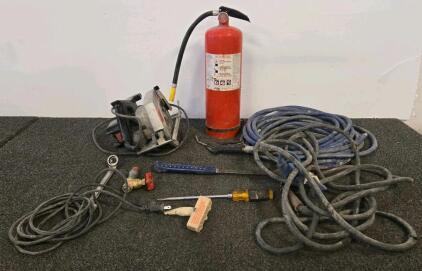 Mixed Tool Lot: Craftsman 2HP Circular Saw, Fire Extinguisher, Estwing Hammer, Air Hose, Wrench