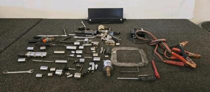 Mixed Lot Hand Tools, Sockets, DeWalt 20V Battery, Jumper Cables, Trailer Hitch Ball & Hardware