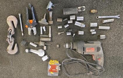 Drill Master 60713 Corded Drill with Sockets, Ratchet, Hooks, and Tool Accessories Lot