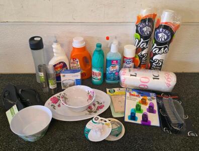 Large Mixed Household Lot: Cleaning Supplies, Tableware, 2 packs of Disposable Cups, Size 5 children's Flip Flops, 2 packs of Plastic Shot Glasses, Clips, Line Cord, Triplex Wall Jack, Deluxe Wire Brush