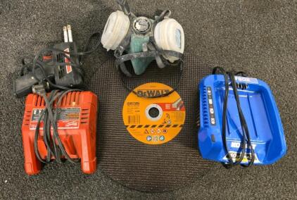 Milwaukee M18 & Kobalt 40V Chargers, Weller Soldering Gun, Gerson Respirator, DeWalt Cut-Off Wheel