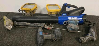 Kobalt 40V MAX Leaf Blower, Ryobi 18V Spotlight, Workpro Recip Saw, Husky Caulk Gun, Tool Lot